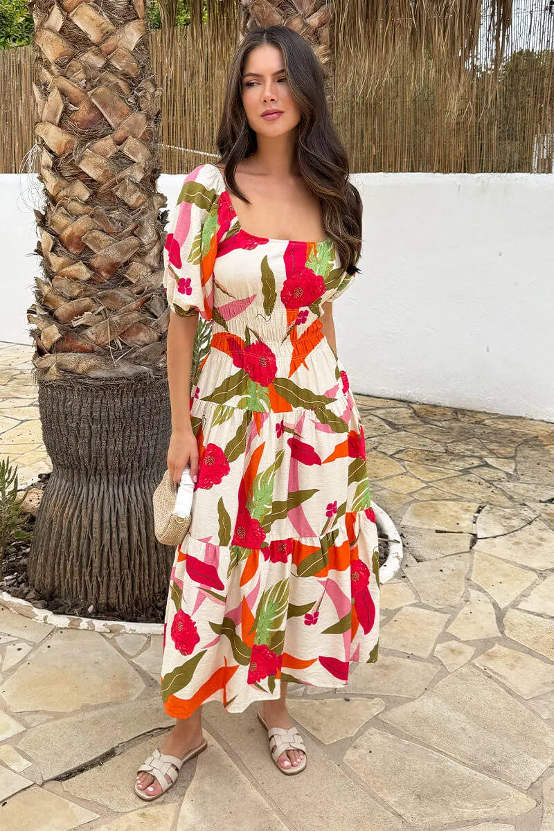 Multi Floral Print Shirred Waist Smock Midi Dress sold by AX Paris