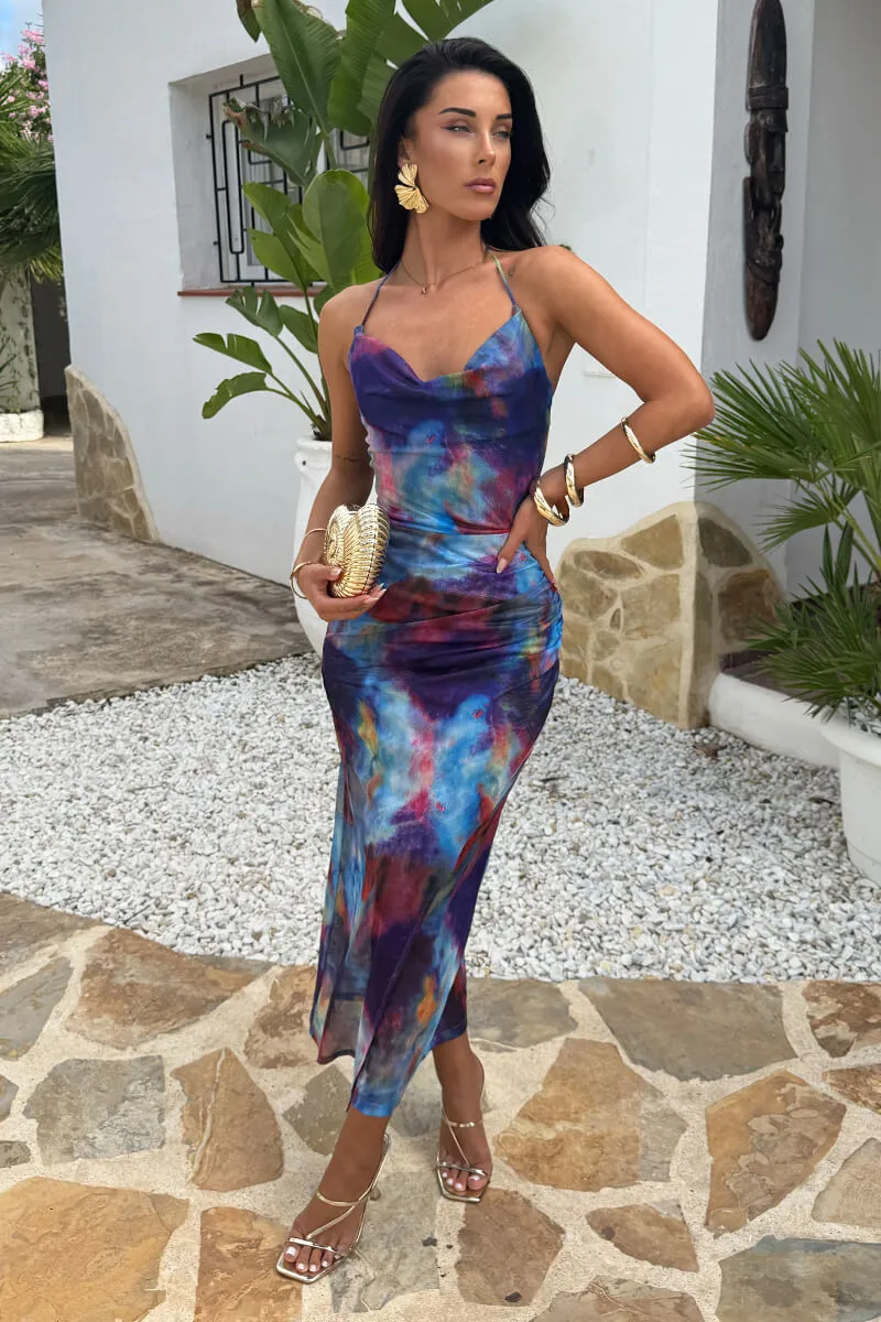Blue Smudge Print Cowl Neck Open Tie Back Mesh Midi Dress sold by AX Paris product image thumbnail 2