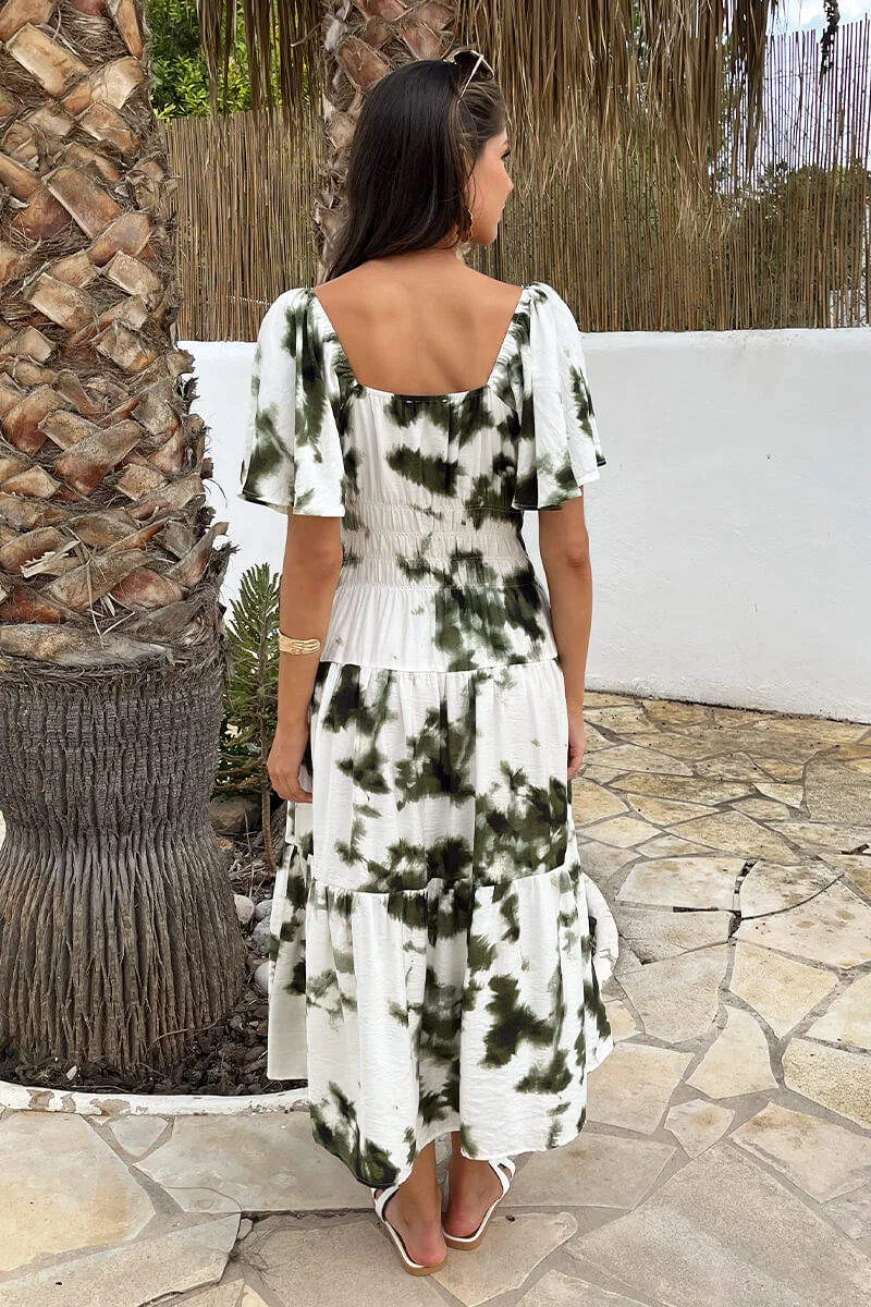 Olive And White Smudge Print Shirred Waist Smock Midi Dress sold by AX Paris product image thumbnail 2
