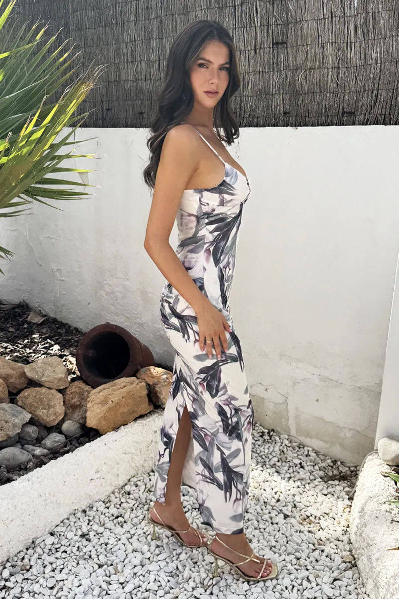 Cream Floral Print Strappy Knot Detail Mesh Midi Dress sold by AX Paris product image thumbnail 4