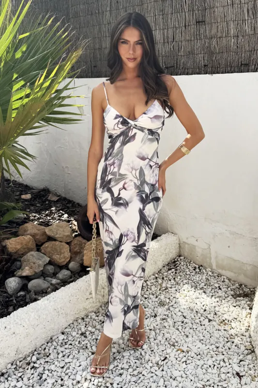 Cream Floral Print Strappy Knot Detail Mesh Midi Dress sold by AX Paris