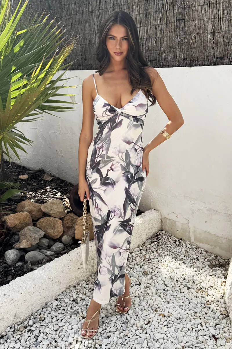 Cream Floral Print Strappy Knot Detail Mesh Midi Dress sold by AX Paris