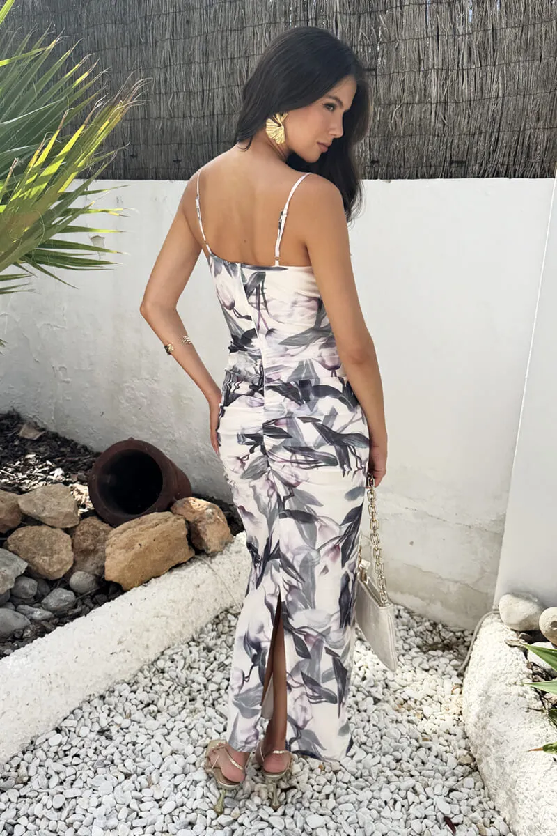 Cream Floral Print Strappy Knot Detail Mesh Midi Dress sold by AX Paris product image thumbnail 5