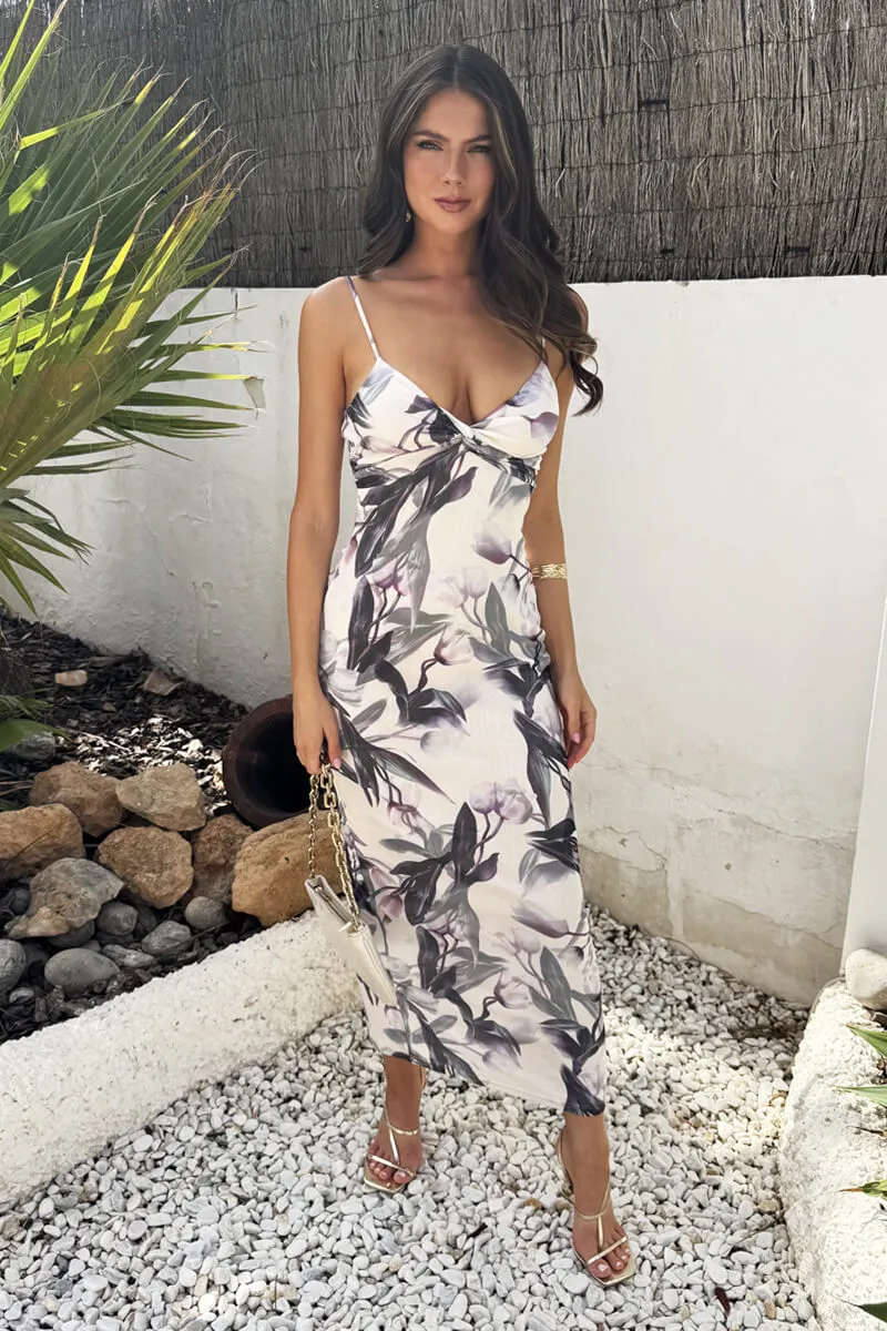 Cream Floral Print Strappy Knot Detail Mesh Midi Dress sold by AX Paris product image thumbnail 2