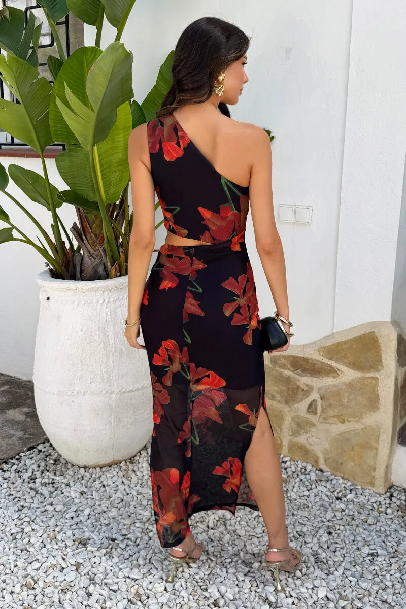Black And Orange Floral Print One Shoulder Cut Out Mesh Midi Dress sold by AX Paris product image thumbnail 5