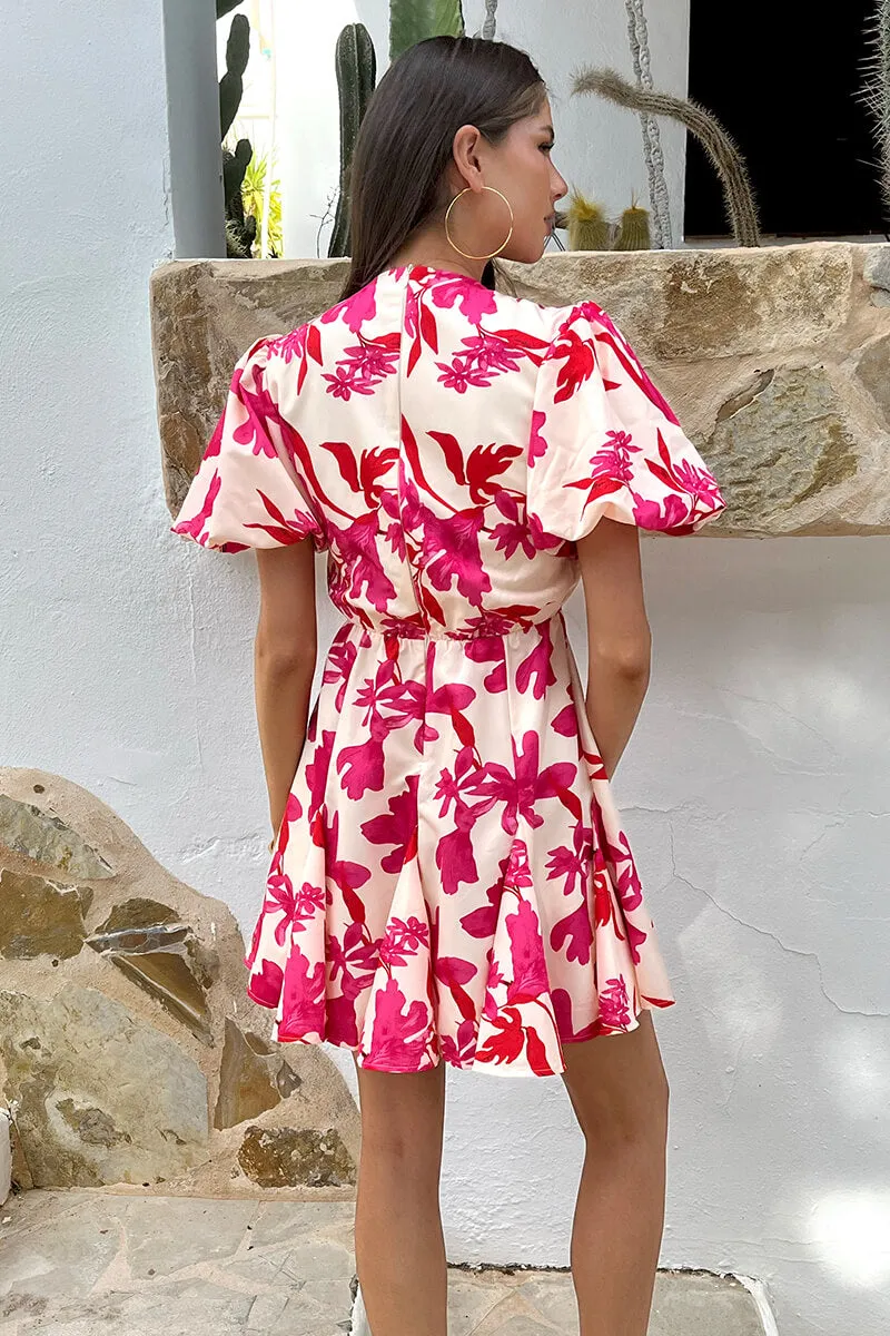 Pink And Cream Floral Print Puff Sleeve Skater Mini Dress sold by AX Paris product image thumbnail 5