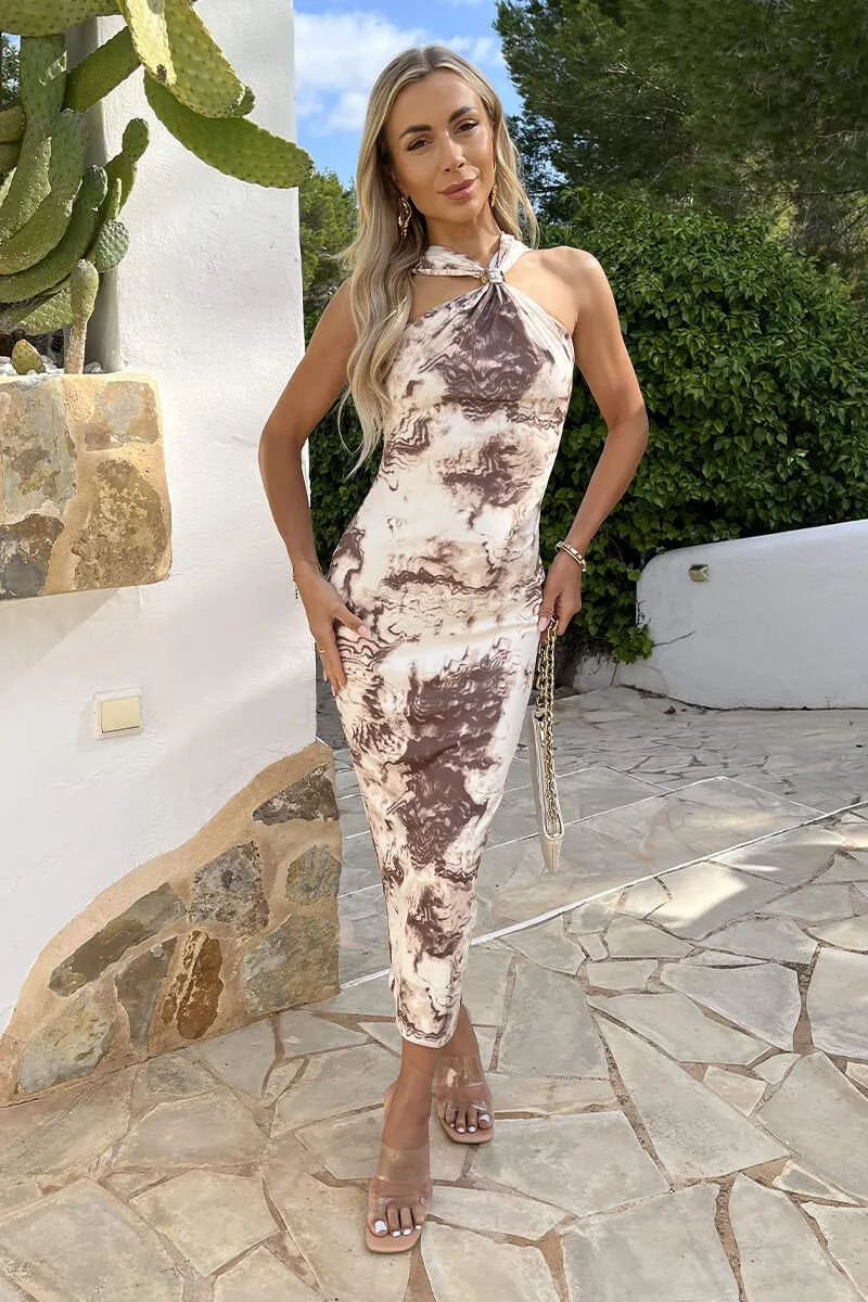 Multi Marble Print Ribbed Gold Trim Halter Neck Midi Dress sold by AX Paris product image thumbnail 2