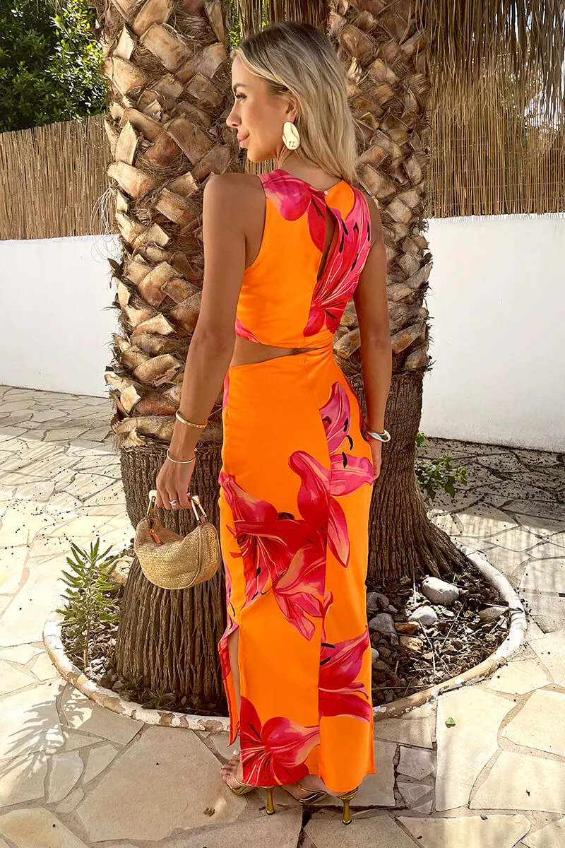 Orange And Pink Floral Print Waist Cut Out Midi Dress sold by AX Paris product image thumbnail 5