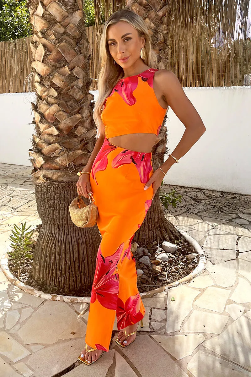 Orange And Pink Floral Print Waist Cut Out Midi Dress sold by AX Paris product image thumbnail 2