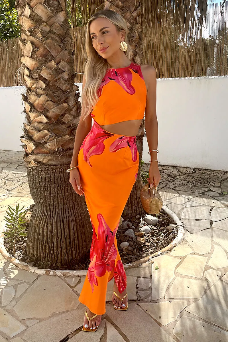 Orange And Pink Floral Print Waist Cut Out Midi Dress sold by AX Paris product image thumbnail 3