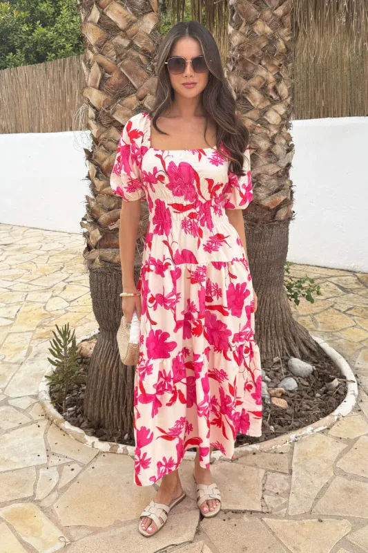 Pink And Cream Floral Print Puff Sleeve Smock Midi Dress sold by AX Paris