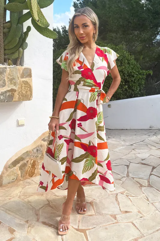 Multi Floral Print Wrap Top Belted Midi Dress sold by AX Paris