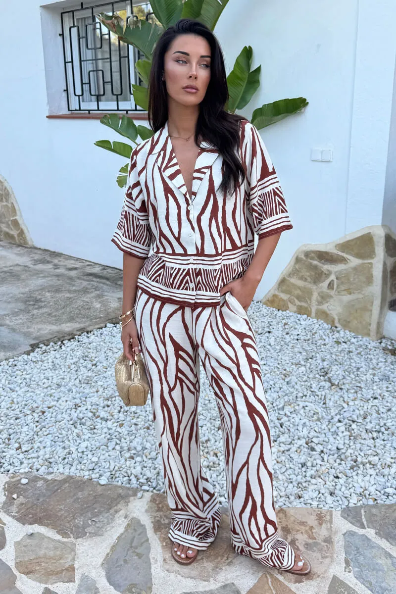 Cream And Brown Abstract Print Wide Leg Trousers sold by AX Paris product image thumbnail 2