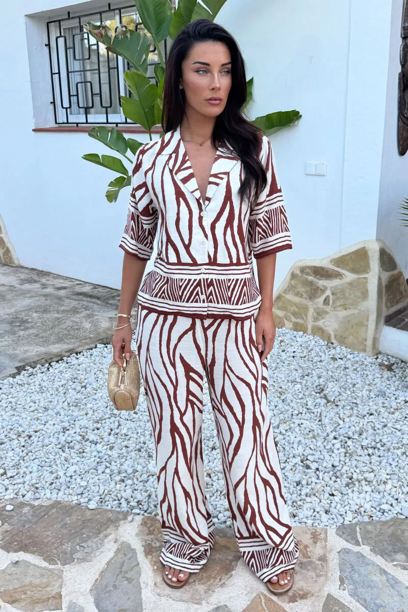 Cream And Brown Abstract Print Wide Leg Trousers sold by AX Paris product image thumbnail 3