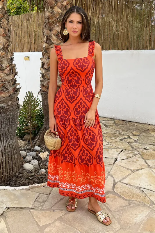 Orange Boho Border Print Frill Strap Smock Midi Dress sold by AX Paris