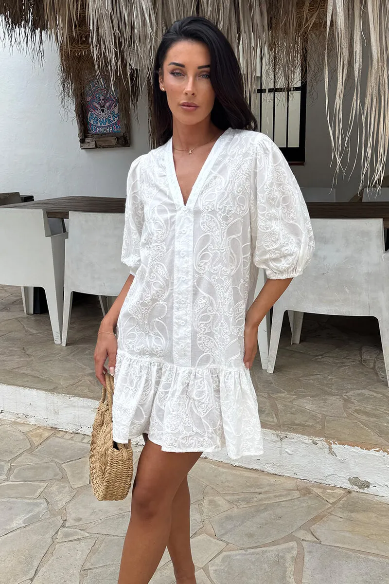 White Paisley Embroidered Button Front Frill Hem Mini Dress sold by AX Paris product image thumbnail 3