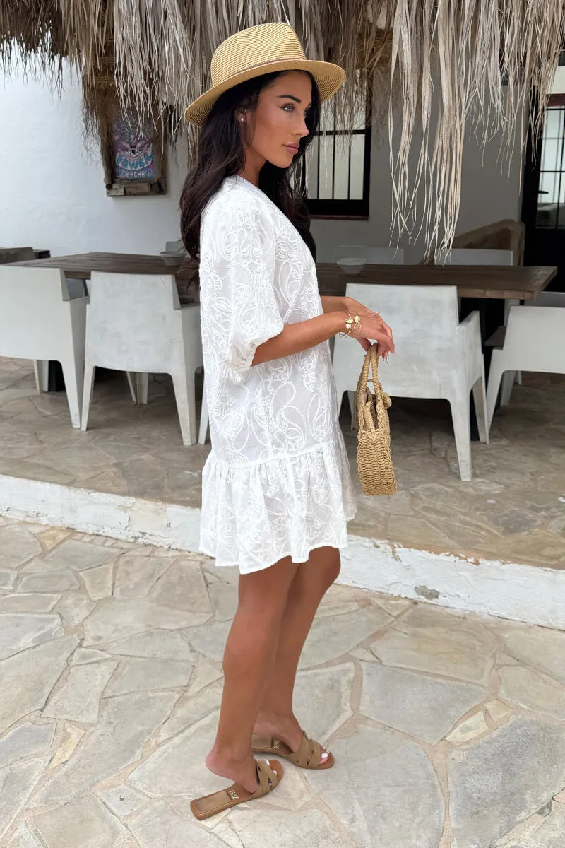 White Paisley Embroidered Button Front Frill Hem Mini Dress sold by AX Paris product image thumbnail 4