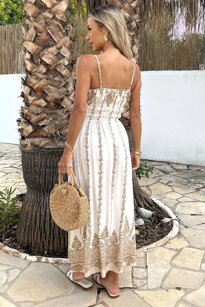 Cream Boho Vine Print Strappy Shirred Waist Midi Dress sold by AX Paris product image thumbnail 5