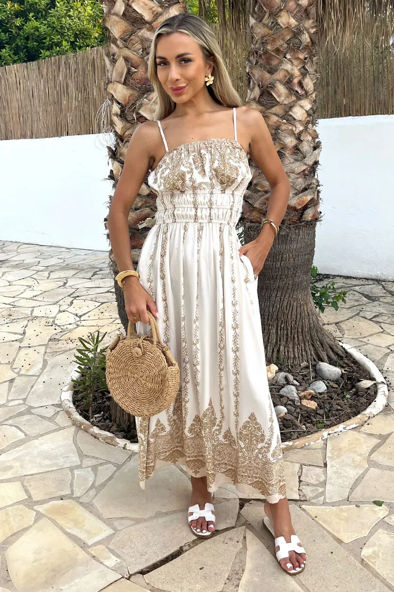 Cream Boho Vine Print Strappy Shirred Waist Midi Dress sold by AX Paris product image thumbnail 2