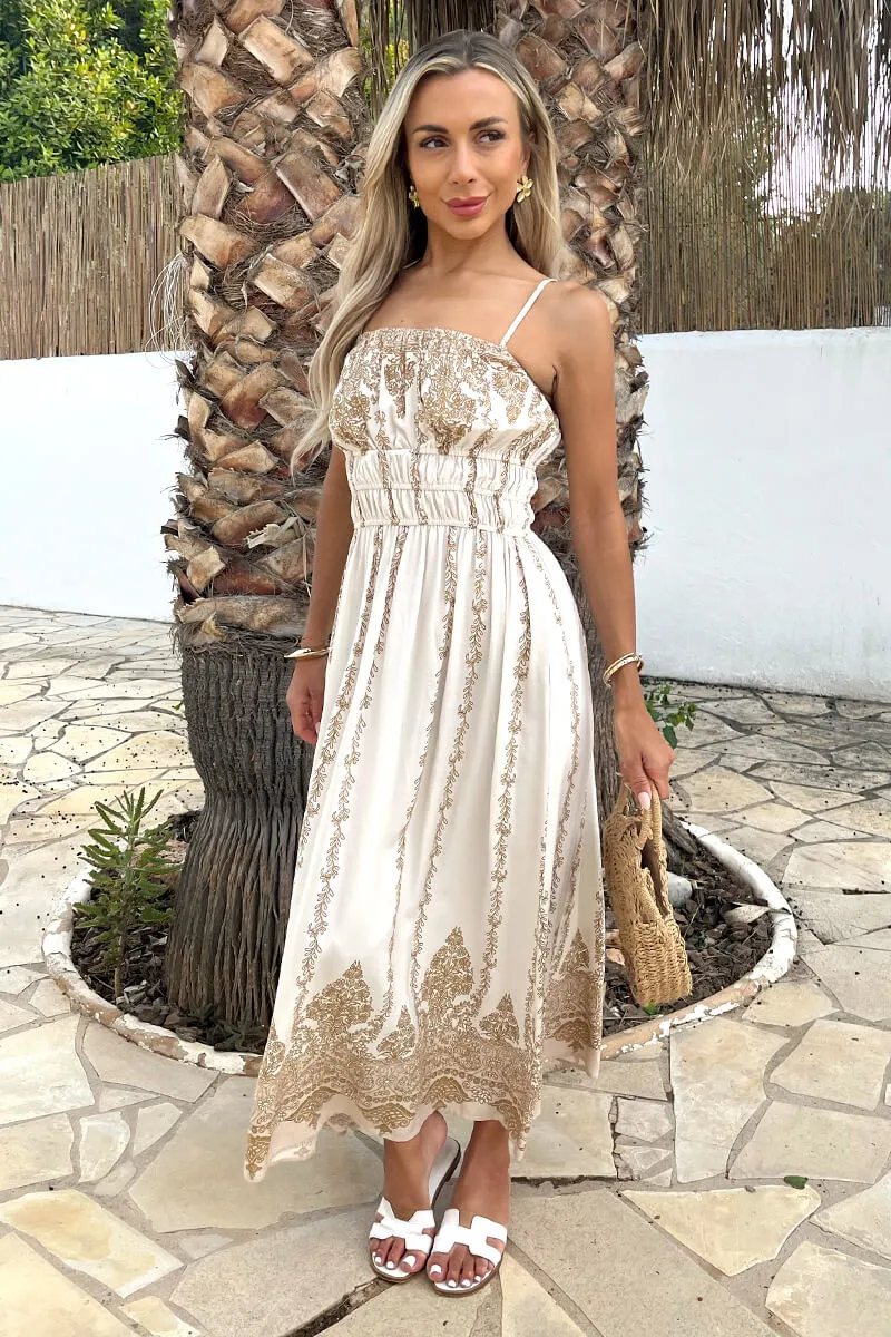 Cream Boho Vine Print Strappy Shirred Waist Midi Dress sold by AX Paris product image thumbnail 3