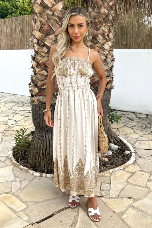 Cream Boho Vine Print Strappy Shirred Waist Midi Dress made by AX Paris