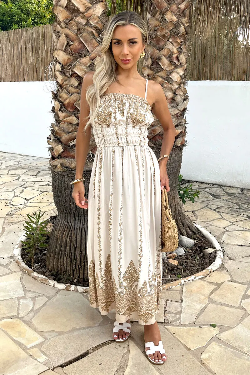 Cream Boho Vine Print Strappy Shirred Waist Midi Dress sold by AX Paris