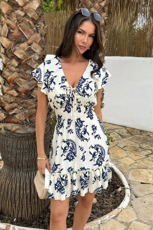 Blue And Cream Paisley Print Lace-Up Frill Hem Mini Dress made by AX Paris