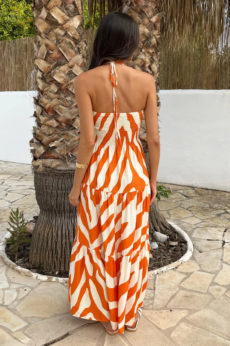 Orange And Cream Stripe Print Tie Neck Smock Midi Dress sold by AX Paris product image thumbnail 5