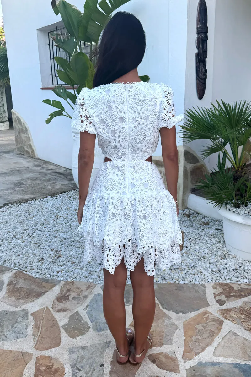 White Crochet Overlay Cut Out Tiered Mini Dress sold by AX Paris product image thumbnail 5