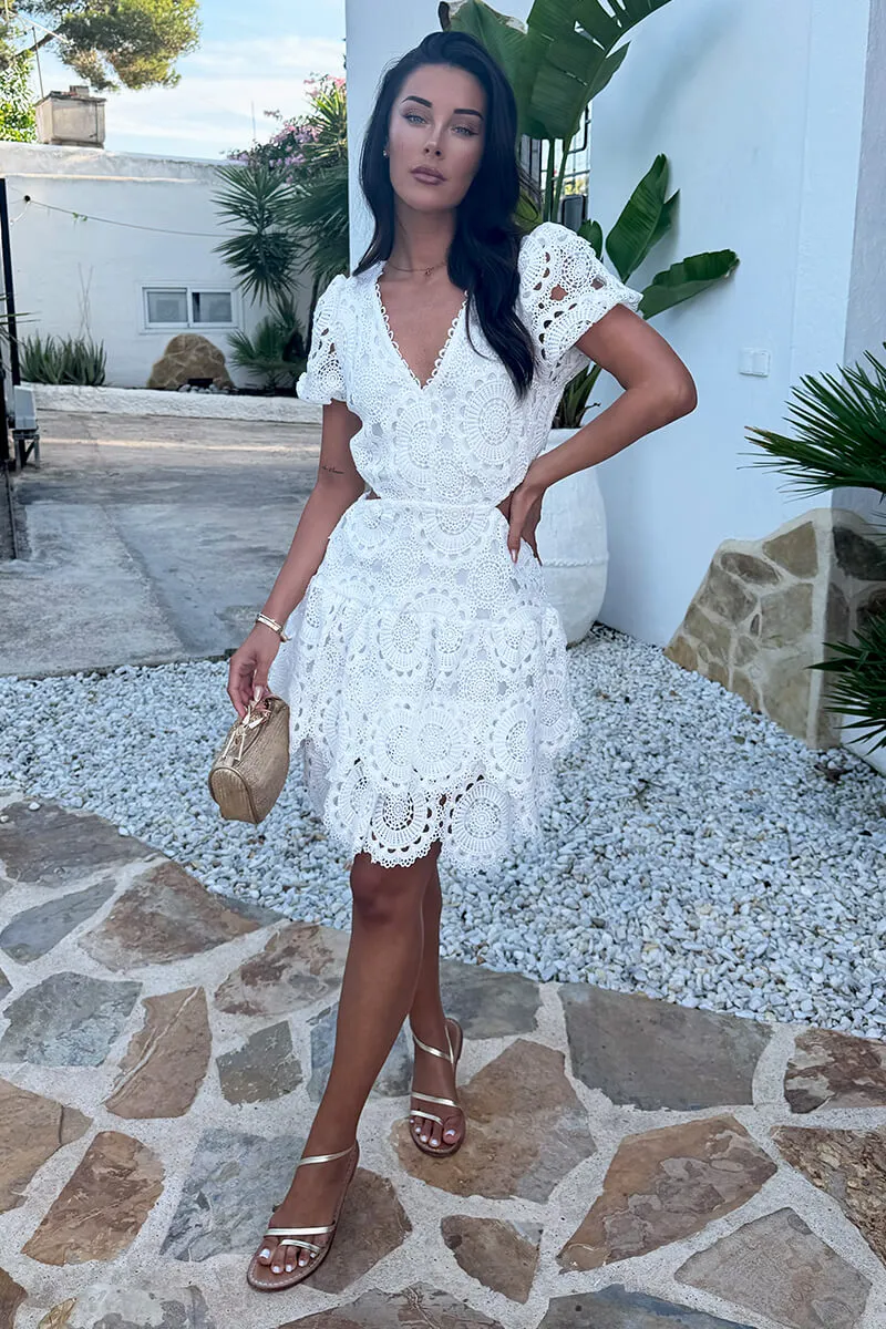 White Crochet Overlay Cut Out Tiered Mini Dress sold by AX Paris product image thumbnail 2