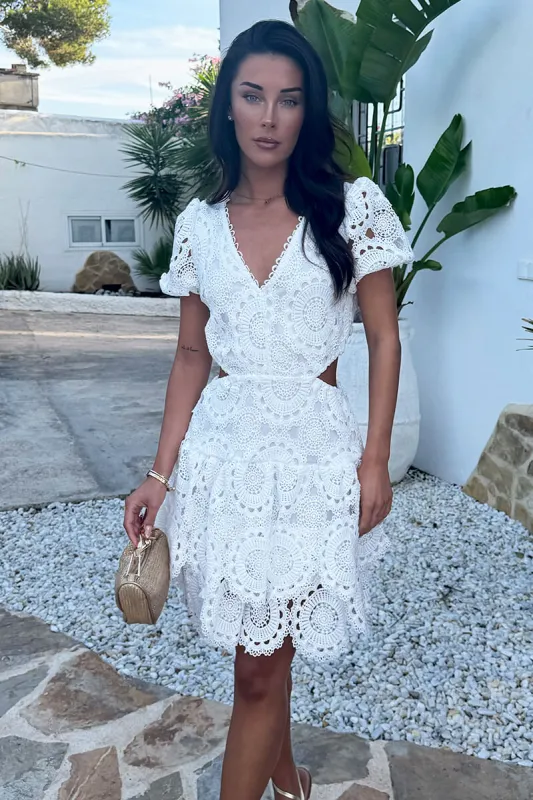 White Crochet Overlay Cut Out Tiered Mini Dress made by AX Paris