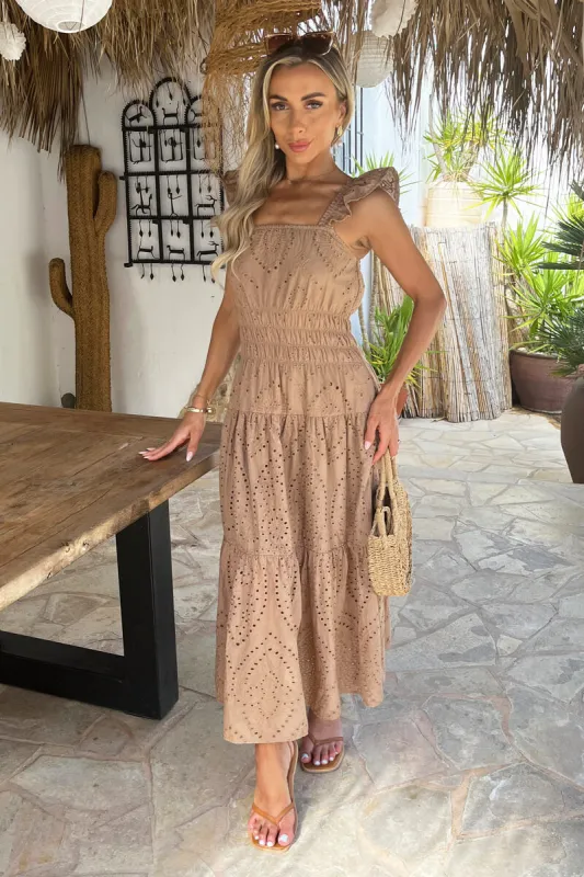 Mocha Broderie Frill Strap Smock Midi Dress sold by AX Paris