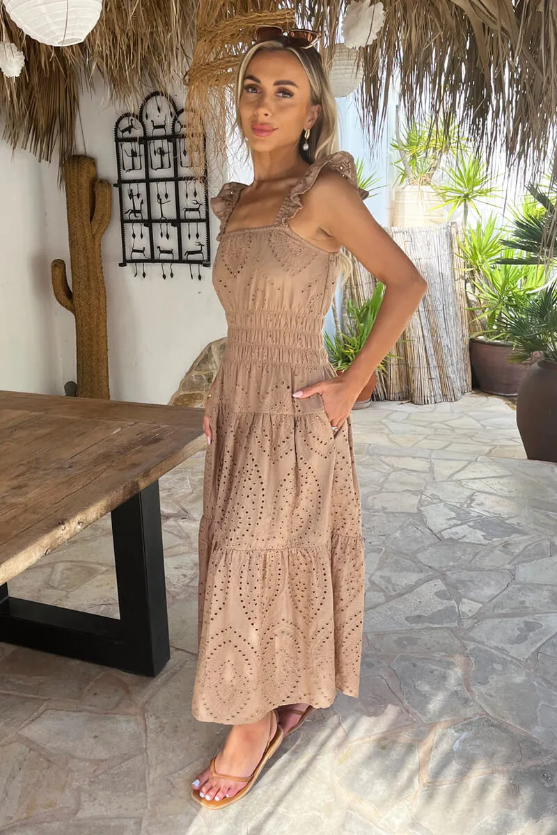 Mocha Broderie Frill Strap Smock Midi Dress sold by AX Paris product image thumbnail 3