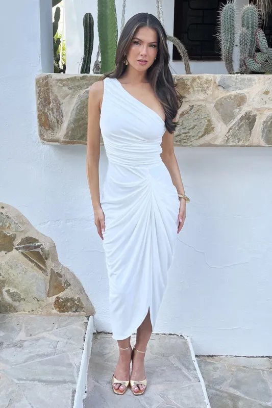 Cream One Shoulder Gathered Skirt Midi Dress made by AX Paris