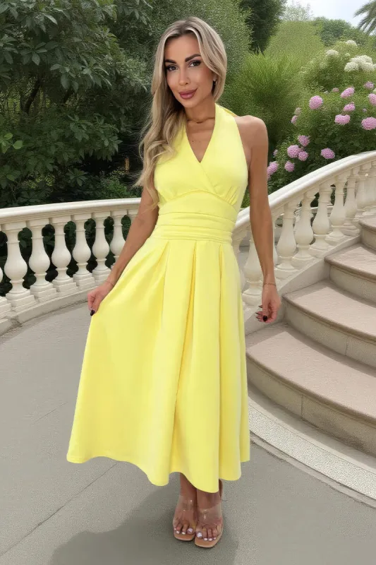 Soft Yellow Tie Halter Neck Midi Dress made by AX Paris