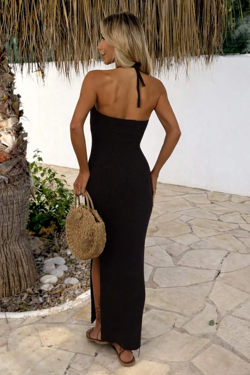 Chocolate Knitted Tie Neck Ball Detail Midi Dress sold by AX Paris product image thumbnail 5