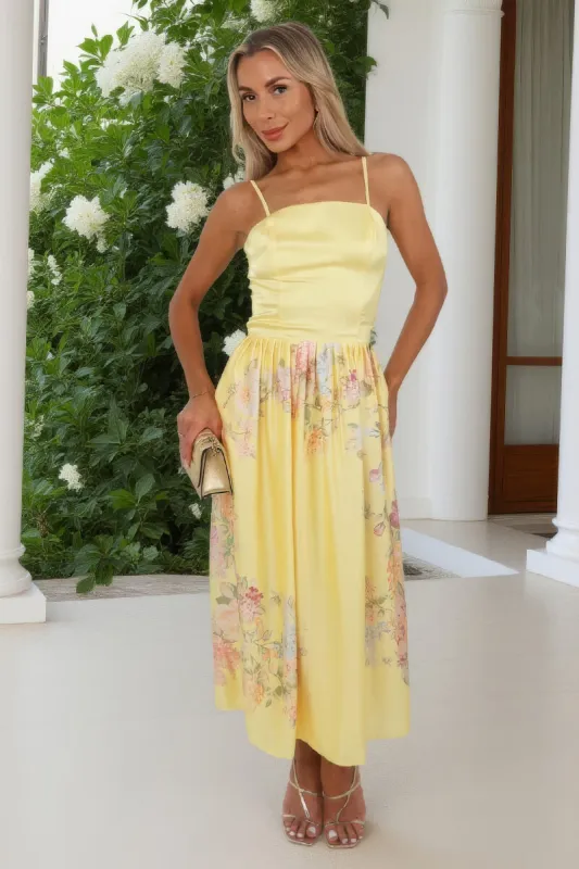 Soft Yellow Floral Print Detail Strappy Midi Dress made by AX Paris