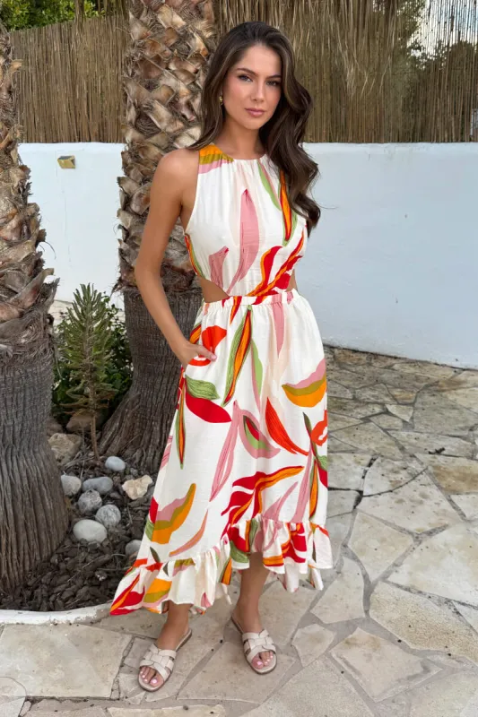 Multi Leaf Print Waist Cut Out Frill Hem Midi Dress made by AX Paris