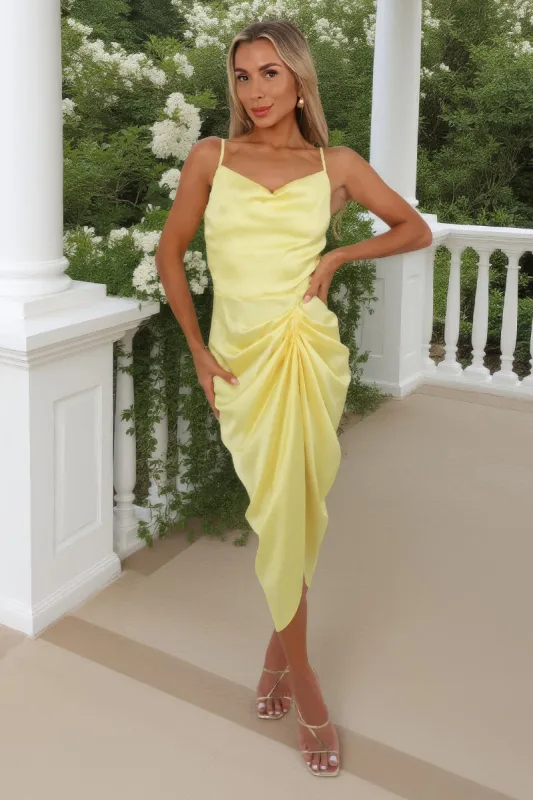 Soft Yellow Strappy Cowl Neck Gathered Midi Dress sold by AX Paris