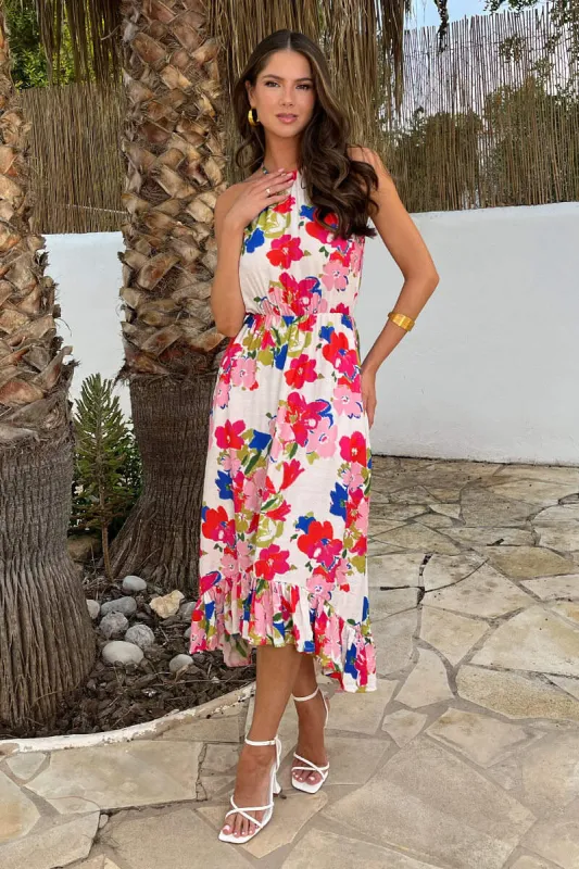 Multi Floral Print Racer Neck Frill Hem Midi Dress made by AX Paris
