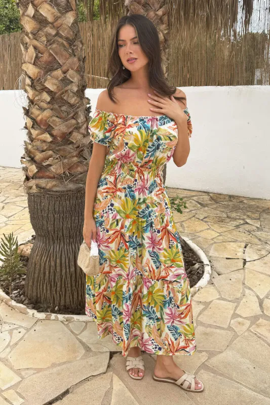 Multi Tropical Garden Print Shirred Waist Smock Midi Dress made by AX Paris