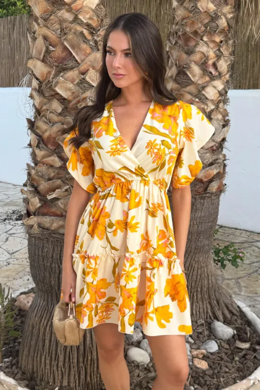 Yellow Floral Print Wrap Top Tiered Mini Dress made by AX Paris
