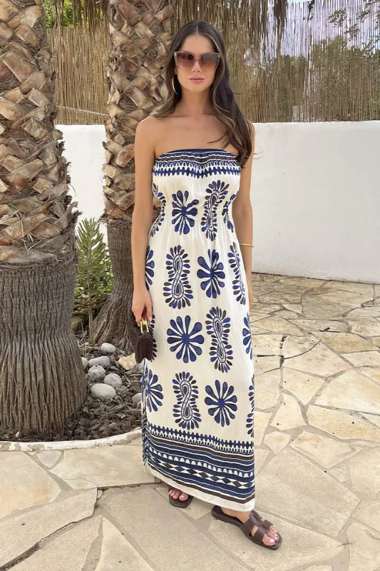 Navy Boho Border Print Strapless Shirred Waist Midi Dress made by AX Paris