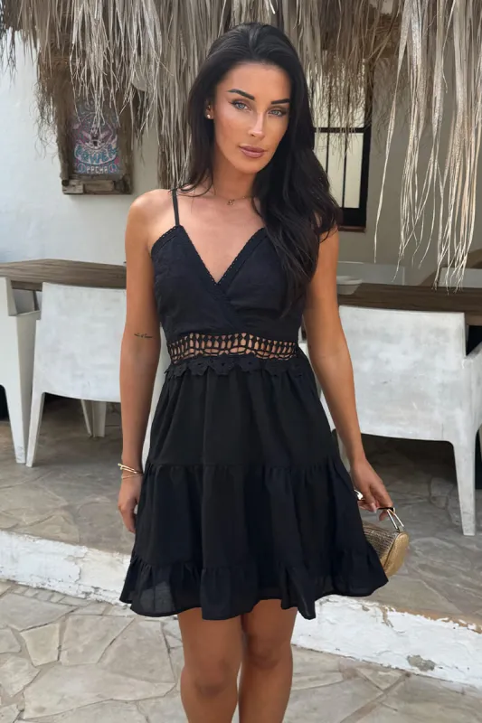 Black Open Tie Back Crochet Detail Tiered Mini Dress made by AX Paris