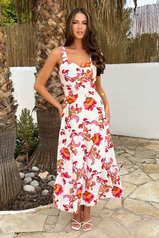 Multi Floral Print Shirred Straps Tiered Midi Dress made by AX Paris