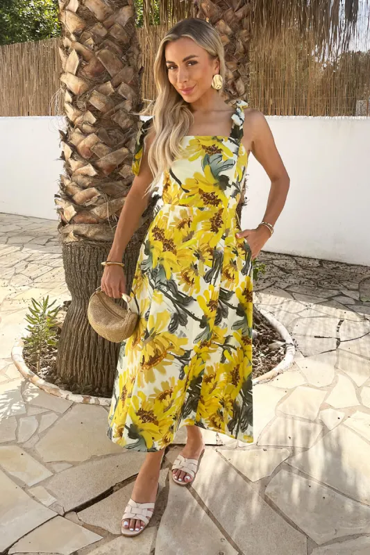Yellow Sunflower Print Tie Strap Midi Dress made by AX Paris