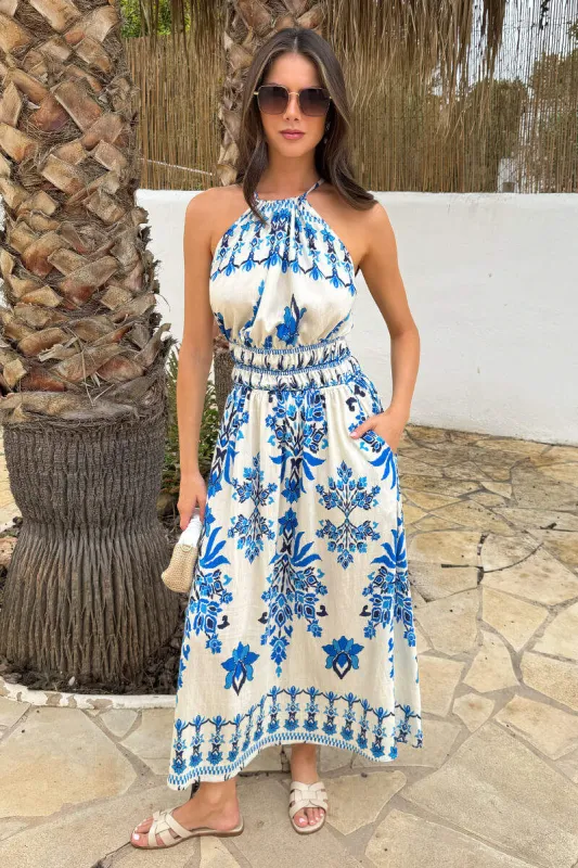 Blue Boho Floral Print Tie Racer Neck Shirred Waist Midi Dress made by AX Paris