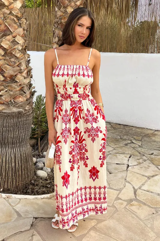 Pink Boho Floral Print Strappy Shirred Waist Midi Dress made by AX Paris