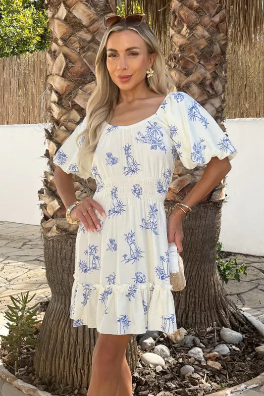 Blue And Cream Beach Print Frill Hem Mini Dress made by AX Paris