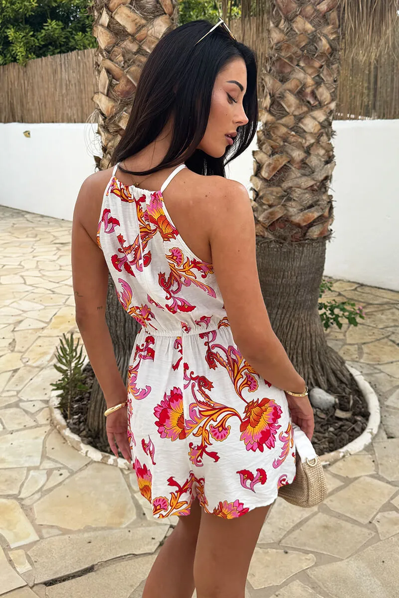 Pink And White Floral Print Racer Neck Playsuit sold by AX Paris product image thumbnail 5